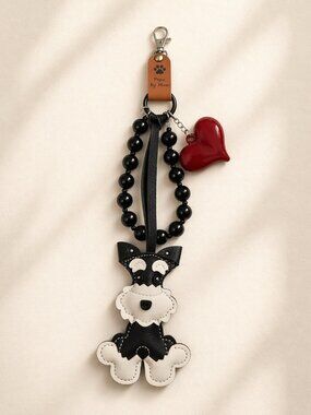 Black & White Dog Keychain with Red Heart Charm – 9" Length